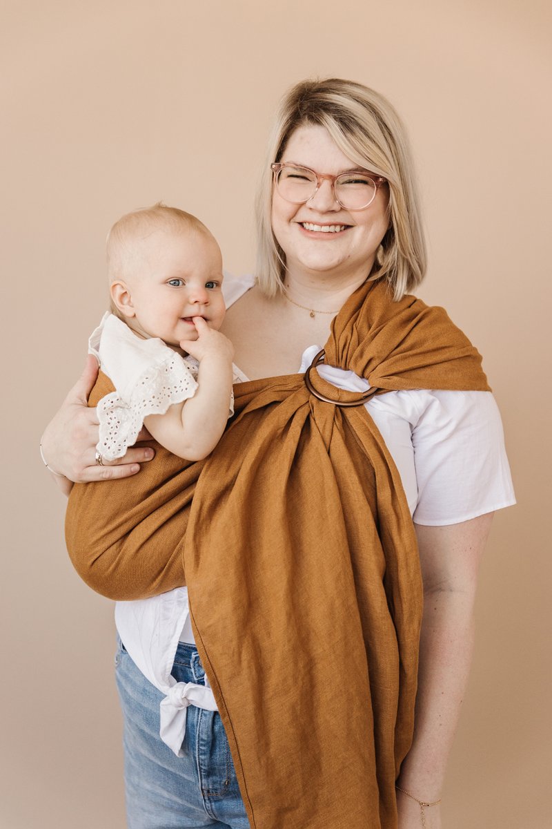 Organic Rust Orange Linen Ring Sling baby carrier with aluminum ring, Adjustable Bamboo Baby Linen Wrap